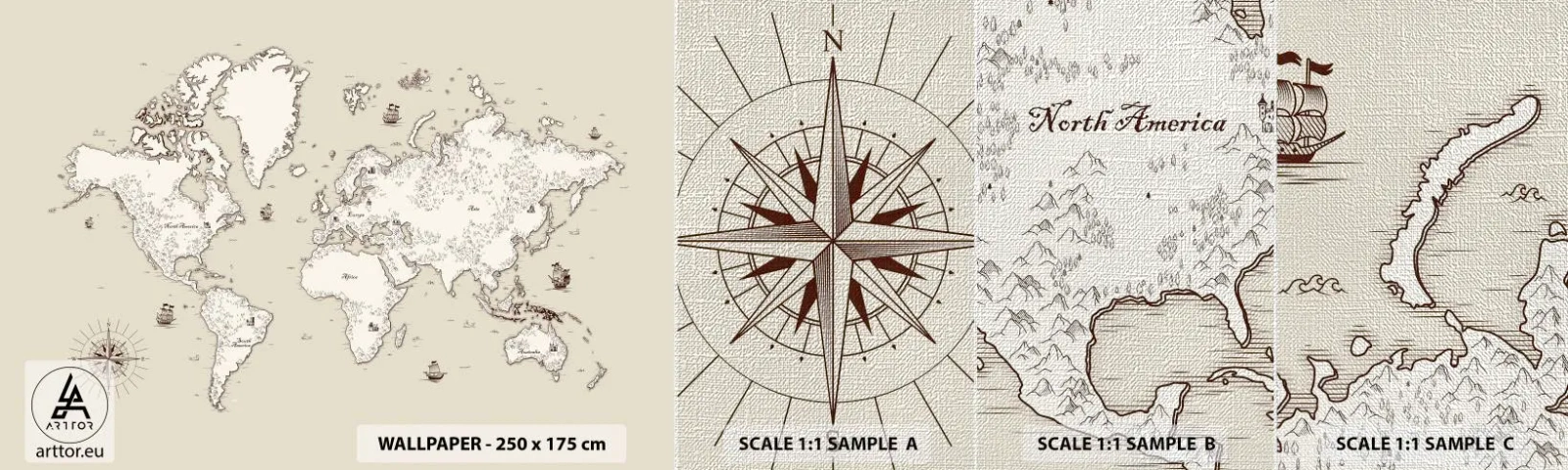 Fototapeten Muster Premium Canvas - Reise um die Welt - Weltkarte, Kontinente, Piratenschiff - 100x30 cm