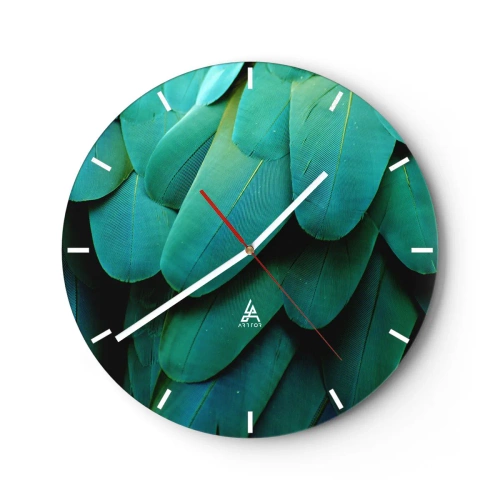 Wanduhr - Glasuhr - Nahaufnahme der grünen Federn eines exotischen Vogels - 30x30cm - Papageienartige Präzision - Moderne Wanddekoration für Wohnzimmer, Küche und Schlafzimmer ARTTOR