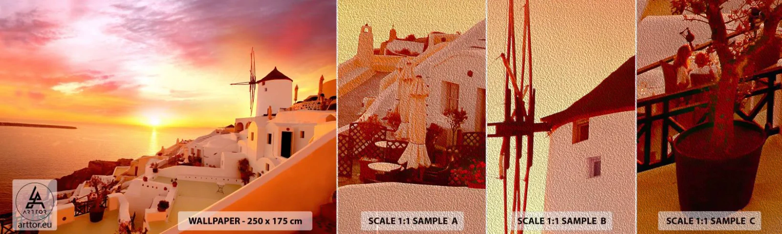 Fototapeten Muster Premium Sand - In Weiß und Gold schmelzen - Landschaft, Santorin, Griechenland - 100x30 cm