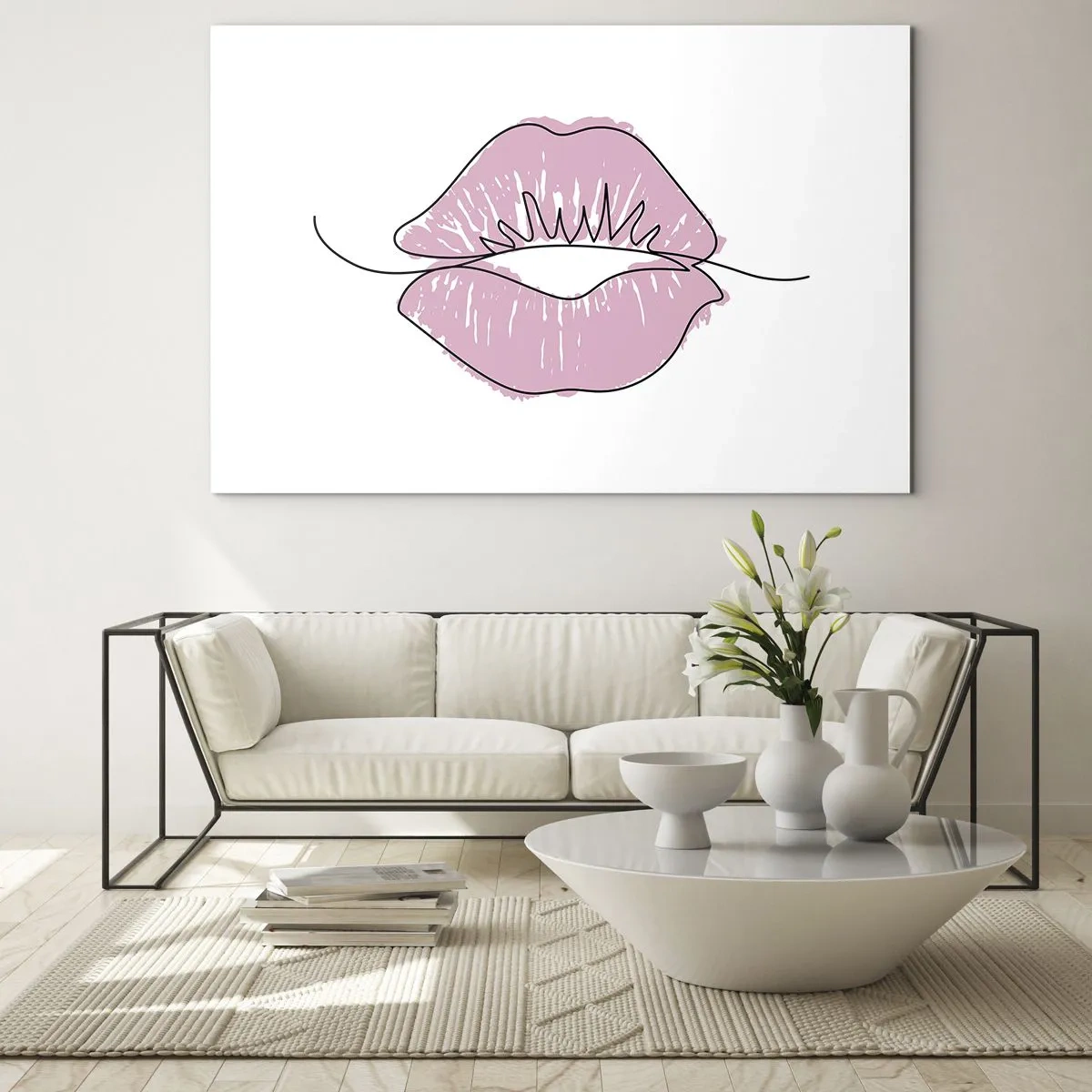Glasbild - Bild auf glas - Abstraktes Bild von Lippen in Rosa- und Schwarztönen - 120x80cm - Bereit zum Küssen? - Moderne Wanddekoration für Wohnzimmer und Schlafzimmer ARTTOR