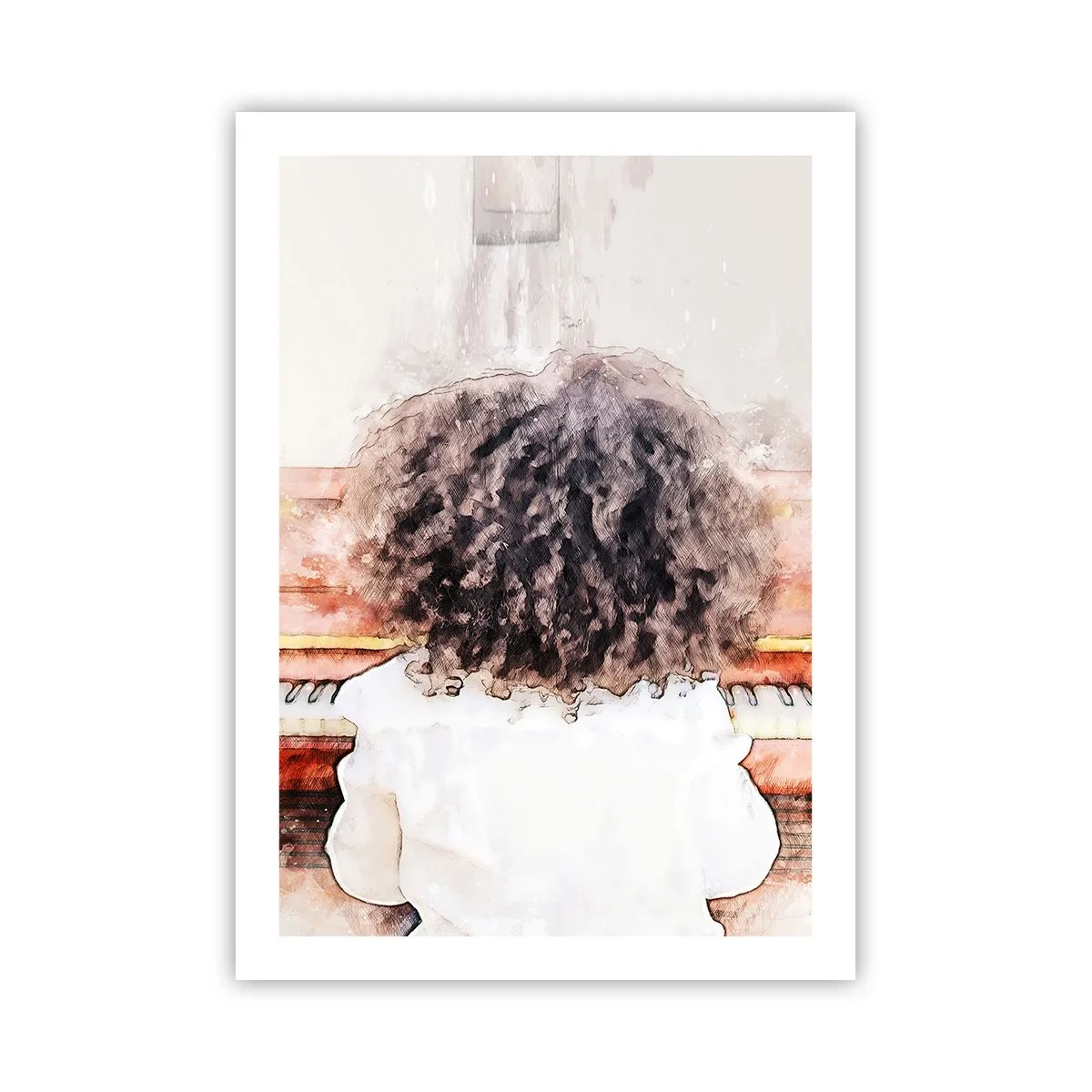 Poster - Ein Kind mit üppigen Locken spielt Klavier im Aquarellstil - 50x70cm - In der neuen Welt - Moderne Wanddekoration für Wohnzimmer und Schlafzimmer ARTTOR