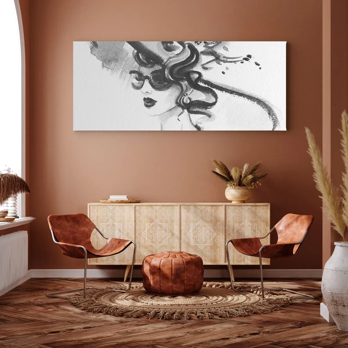 Bild auf Leinwand - Leinwandbild - Elegante Frau mit Hut im Schwarz-Weiß-Stil - 120x50cm - Eine Dame mit Charakter - Moderne Wanddekoration für Wohnzimmer und Schlafzimmer ARTTOR