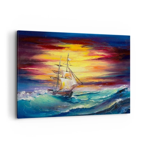 Bild auf Leinwand - Leinwandbild - Ein Segelschiff vor der Kulisse eines farbenfrohen Sonnenuntergangs - 100x70cm - Tapfer unter den Wellen - Moderne Wanddekoration für Wohnzimmer und Schlafzimmer ARTTOR