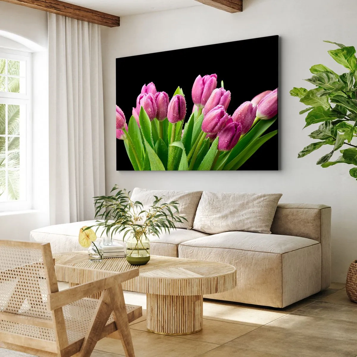 Bild auf Leinwand - Leinwandbild - Rosa Tulpen mit Tautropfen auf schwarzem Hintergrund - 100x70cm - Lila Frühlingsfreude - Moderne Wanddekoration für Wohnzimmer und Schlafzimmer ARTTOR