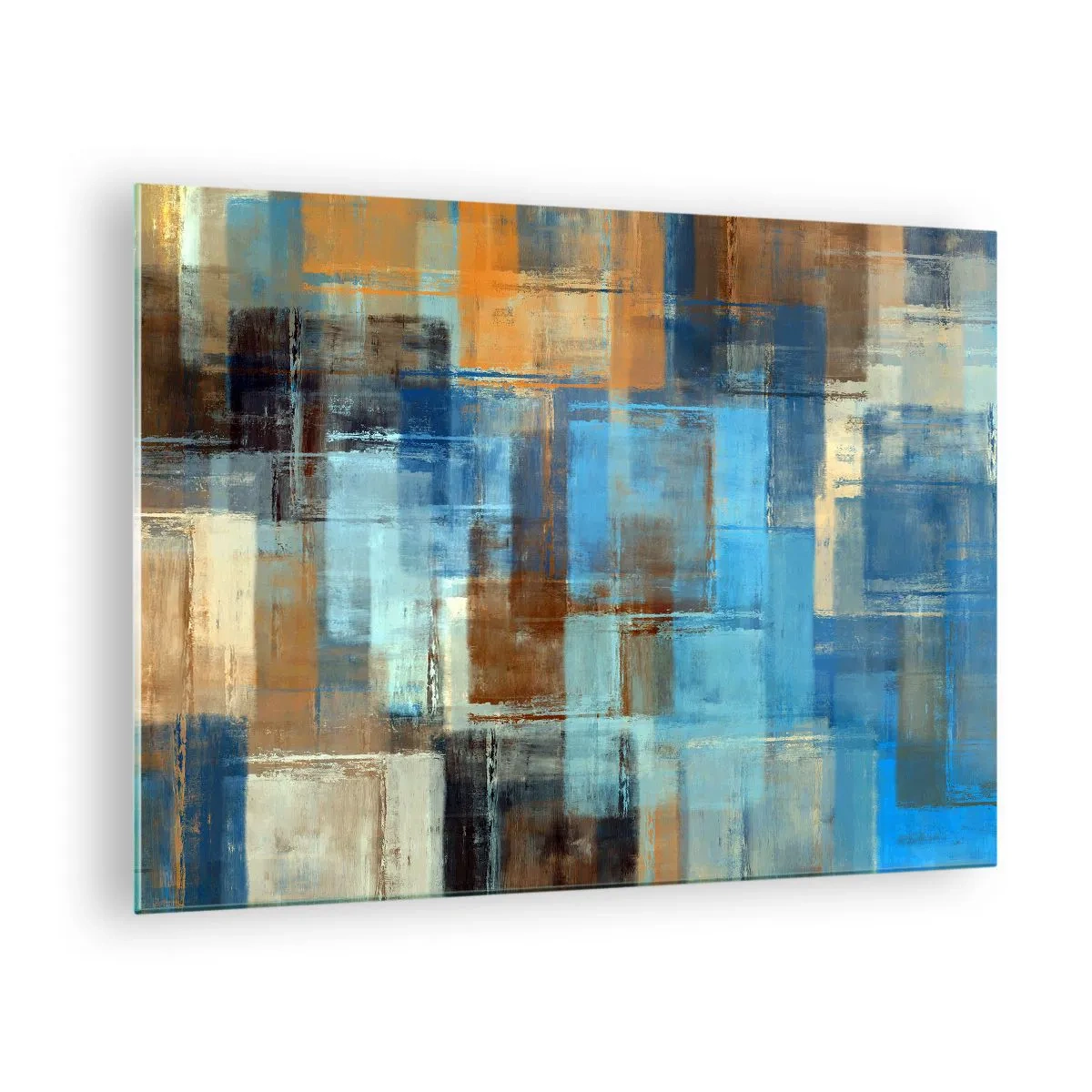 Glasbild - Bild auf glas - Abstrakte geometrische Komposition in Blau- und Brauntönen - 70x50cm - Durch den blauen Schleier - Moderne Wanddekoration für Wohnzimmer und Schlafzimmer ARTTOR