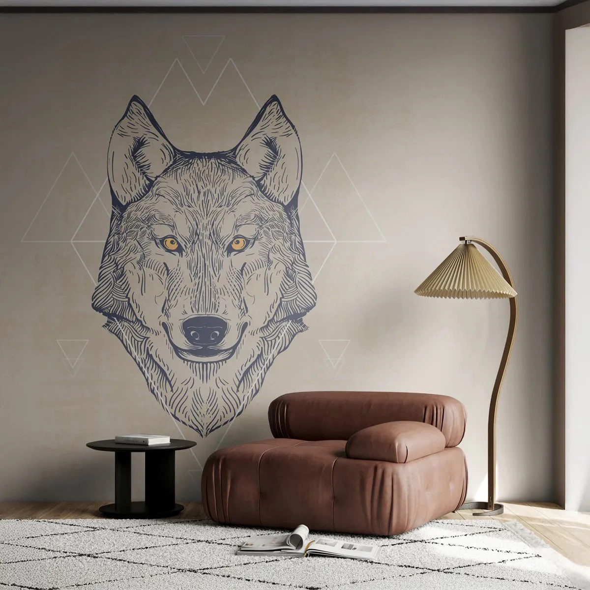 Fototapete Premium Canvas - Ein geometrischer Wolf auf hellem Hintergrund mit minimalistischen Mustern. - 100x70cm - Ein Alpha mit durchdringendem Blick - Moderne Wanddekoration für Wohnzimmer und Schlafzimmer ARTTOR