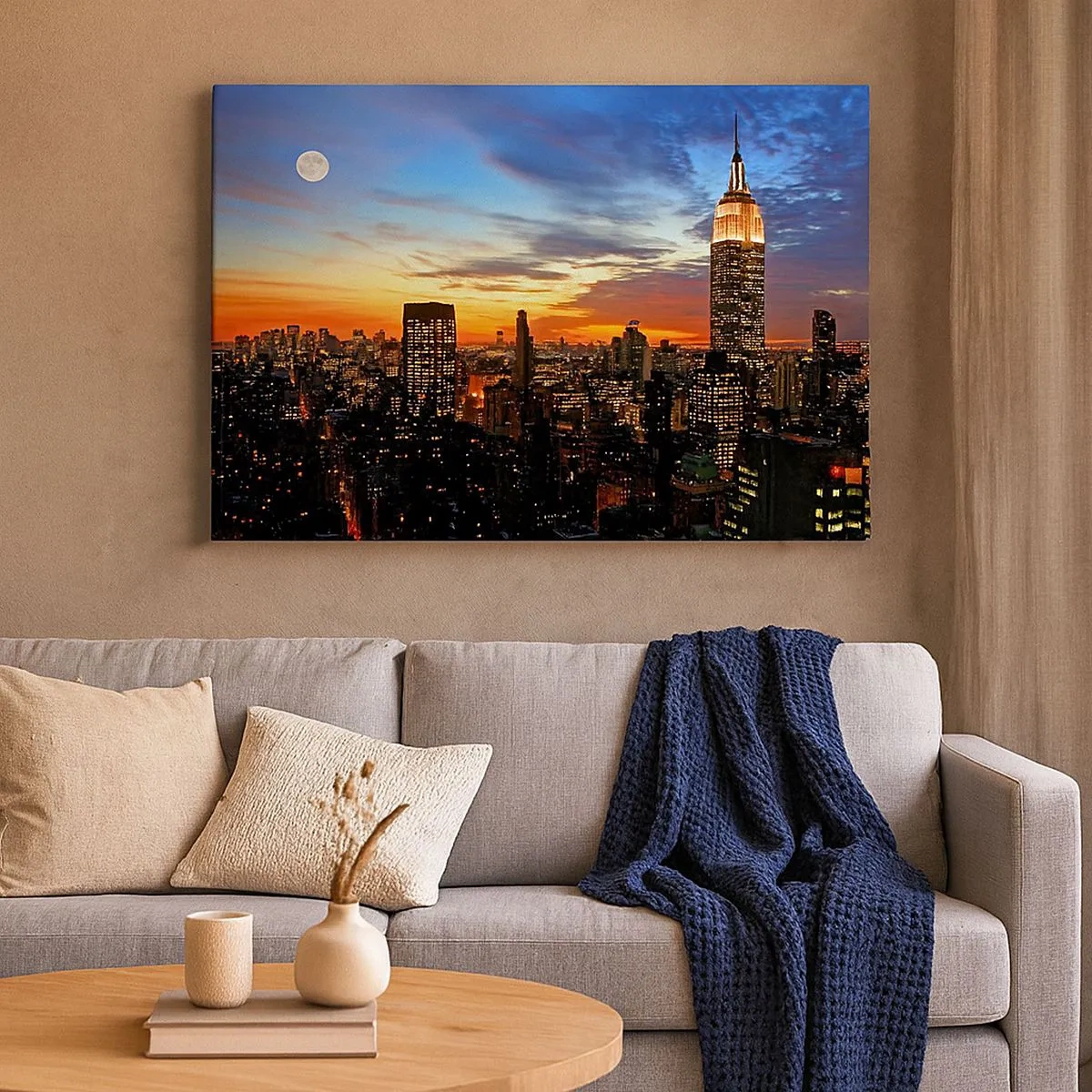 Bild auf Leinwand - Leinwandbild - Stadtpanorama mit beleuchteten Wolkenkratzern in der Abenddämmerung - 70x50cm - Leuchtende amerikanische Nacht - Moderne Wanddekoration für Wohnzimmer und Schlafzimmer ARTTOR