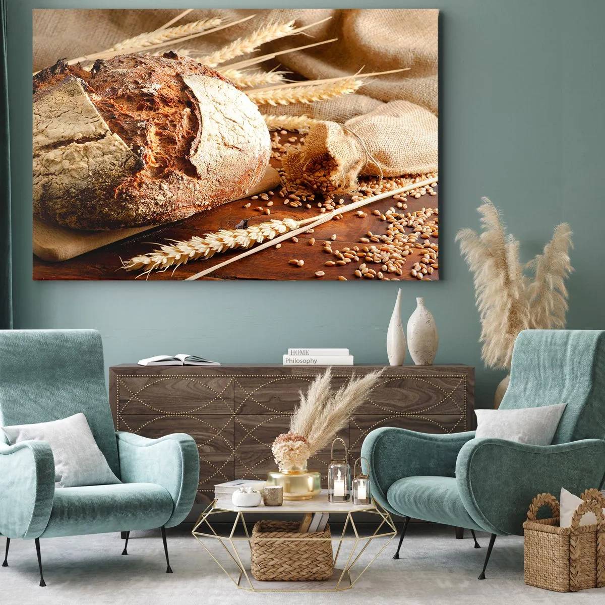 Bild auf Leinwand - Leinwandbild - Knuspriges Brot mit Körnern und Weizenähren auf Holzhintergrund - 70x50cm - Appetitanregend, duftend, knackig - Moderne Wanddekoration für Wohnzimmer und Schlafzimmer ARTTOR