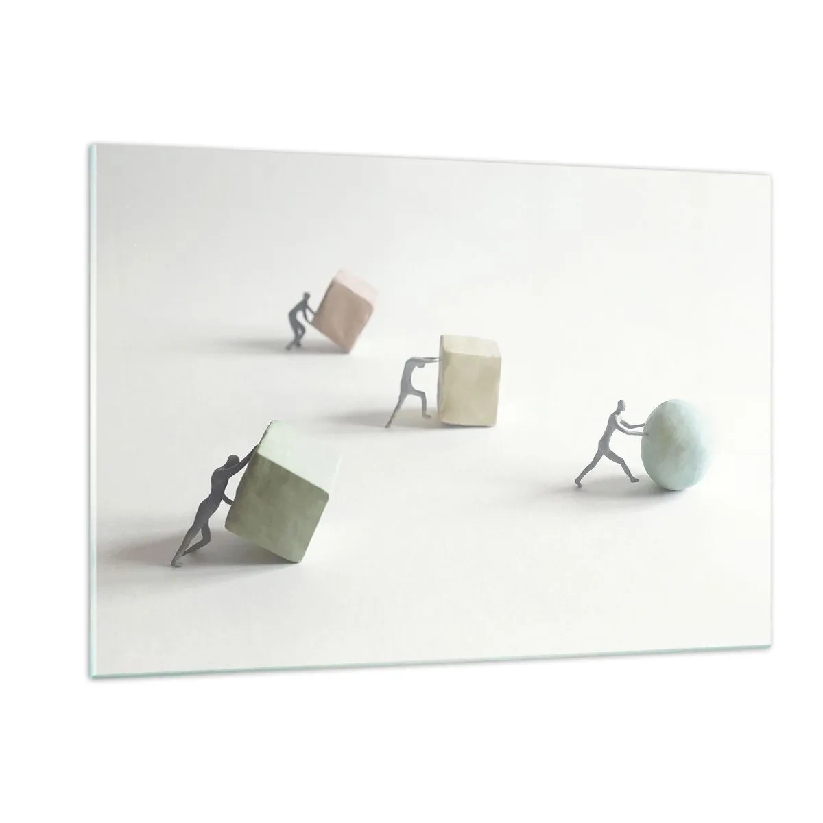 Glasbild - Bild auf glas - Miniaturfiguren rollen und schieben geometrische Formen. - 120x80cm - Pures Leben - Moderne Wanddekoration für Wohnzimmer und Schlafzimmer ARTTOR