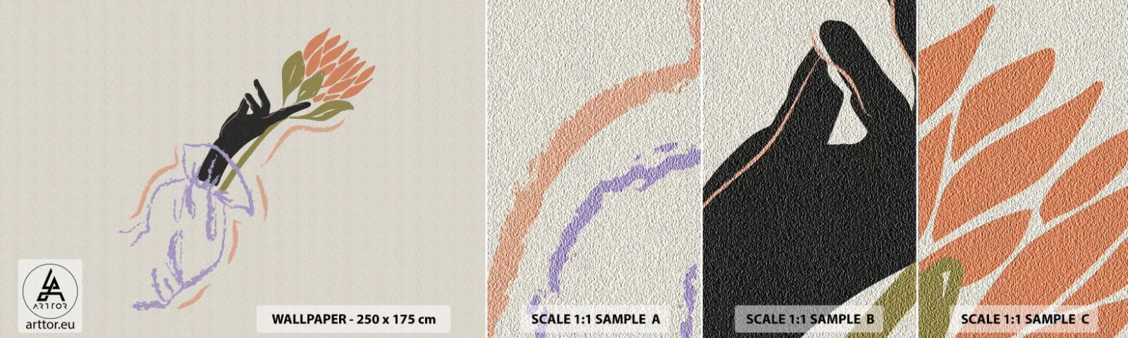 Fototapetenmuster Standard Eco - Schwesterliche Berührung - Hand, Blume, Minimalismus - 100x30 cm