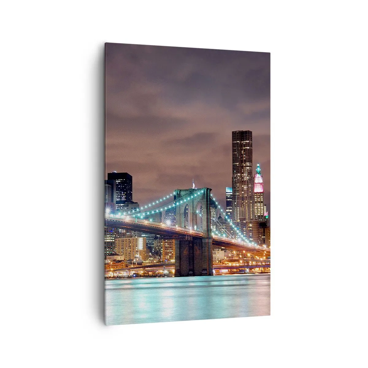 Bild auf Leinwand - Leinwandbild - Die nachts beleuchtete Brücke vor dem Hintergrund des modernen Stadtpanoramas - 80x120cm - Lichter der Großstadt - Moderne Wanddekoration für Wohnzimmer und Schlafzimmer ARTTOR