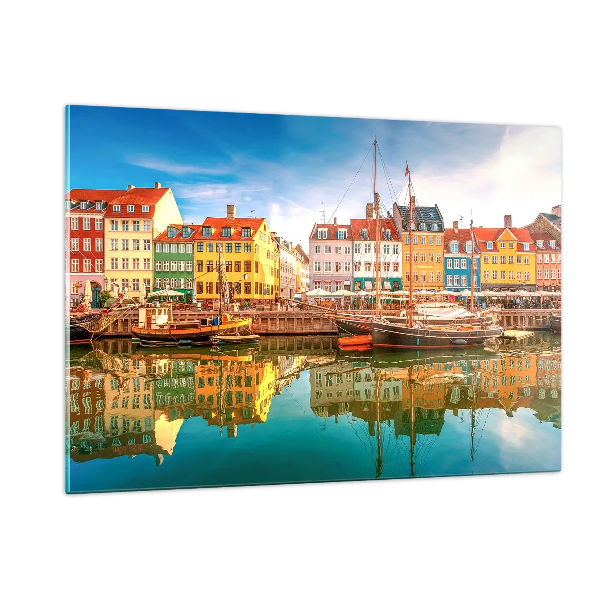 Glasbild - Bild auf glas - Bunte Häuser am Kanal mit Spiegelungen im Wasser - 120x80cm - Glatt wie ein Spiegel über dem Wasser - Moderne Wanddekoration für Wohnzimmer und Schlafzimmer ARTTOR