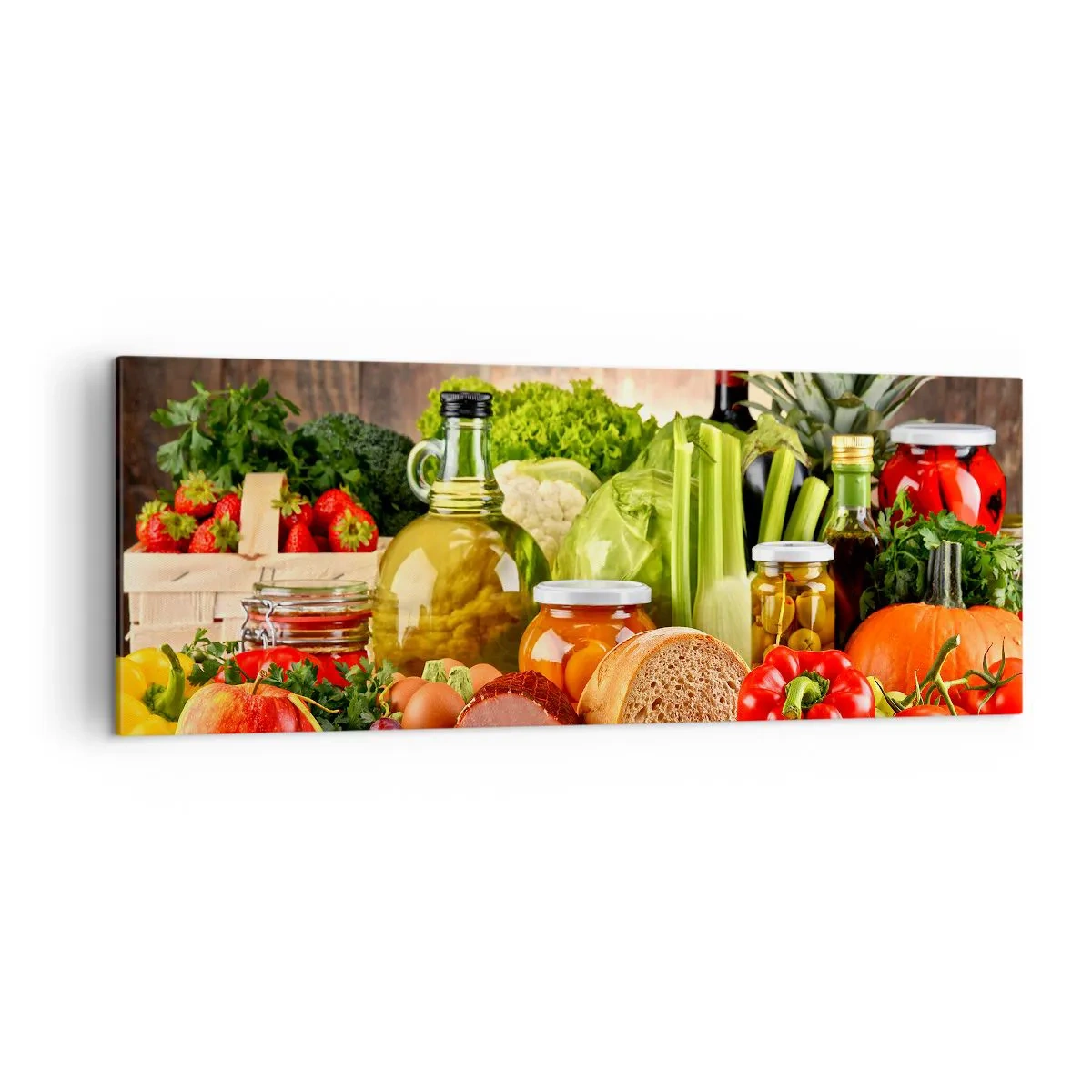 Bild auf Leinwand - Leinwandbild - Buntes Obst, Gemüse und Lebensmittel - 140x50cm - Geräuchert, gebacken und eingelegt - Moderne Wanddekoration für Wohnzimmer und Schlafzimmer ARTTOR