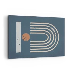 Bild auf Leinwand - Leinwandbild - Geometrisches Muster in Marineblau-, Beige- und Orangetönen auf dunklem Hintergrund - 100x70cm - Geometrie auf dem Granatapfel - Moderne Wanddekoration für Wohnzimmer und Schlafzimmer ARTTOR