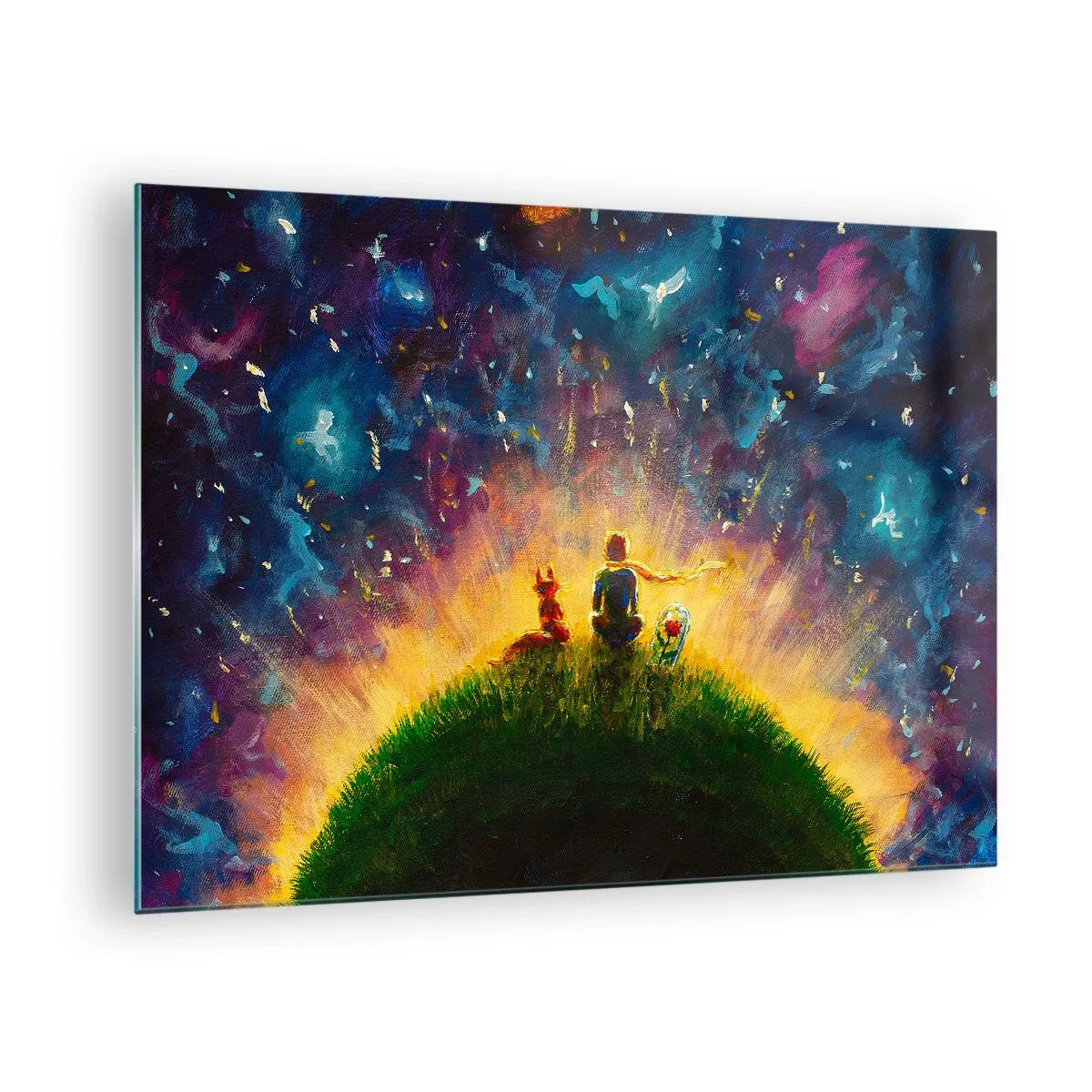 Glasbild - Bild auf glas - Eine Figur mit einem Fuchs auf einem Planeten unter einem Sternenhimmel - 70x50cm - Liebe und Freundschaft - die ganze Welt - Moderne Wanddekoration für Wohnzimmer und Schlafzimmer ARTTOR