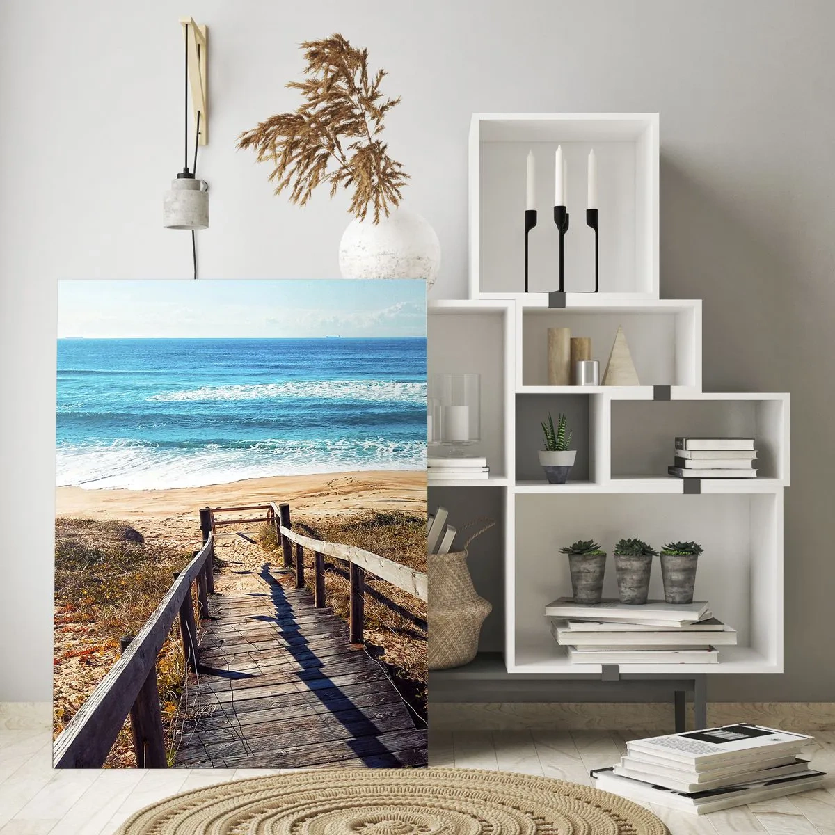 Glasbild - Bild auf glas - Holzweg zum Strand mit Meerblick - 50x70cm - Lauf! - Moderne Wanddekoration für Wohnzimmer und Schlafzimmer ARTTOR