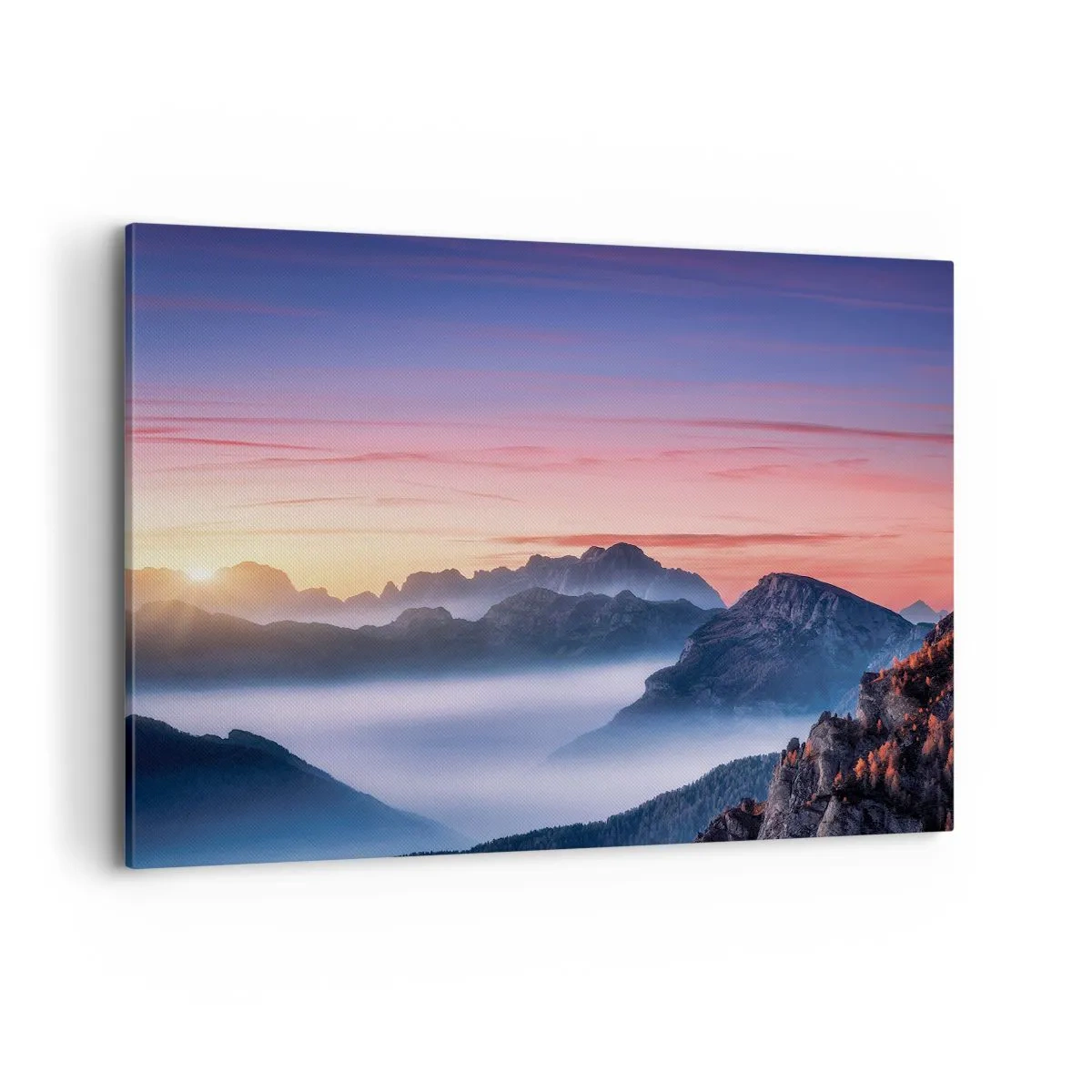 Bild auf Leinwand - Leinwandbild - Berglandschaft bei Sonnenaufgang mit Nebel in den Tälern - 120x80cm - Über die Täler - Moderne Wanddekoration für Wohnzimmer und Schlafzimmer ARTTOR