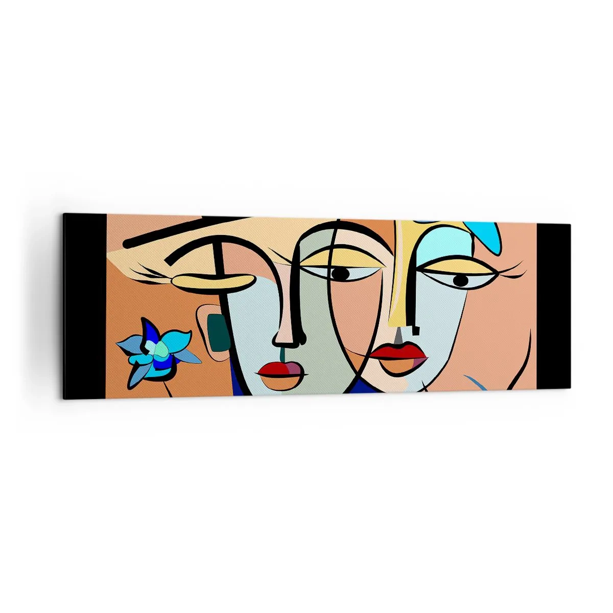 Bild auf Leinwand - Leinwandbild - Kubistische Porträts in leuchtenden Farben mit floralem Motiv - 160x50cm - Picassos randez vous - Moderne Wanddekoration für Wohnzimmer und Schlafzimmer ARTTOR