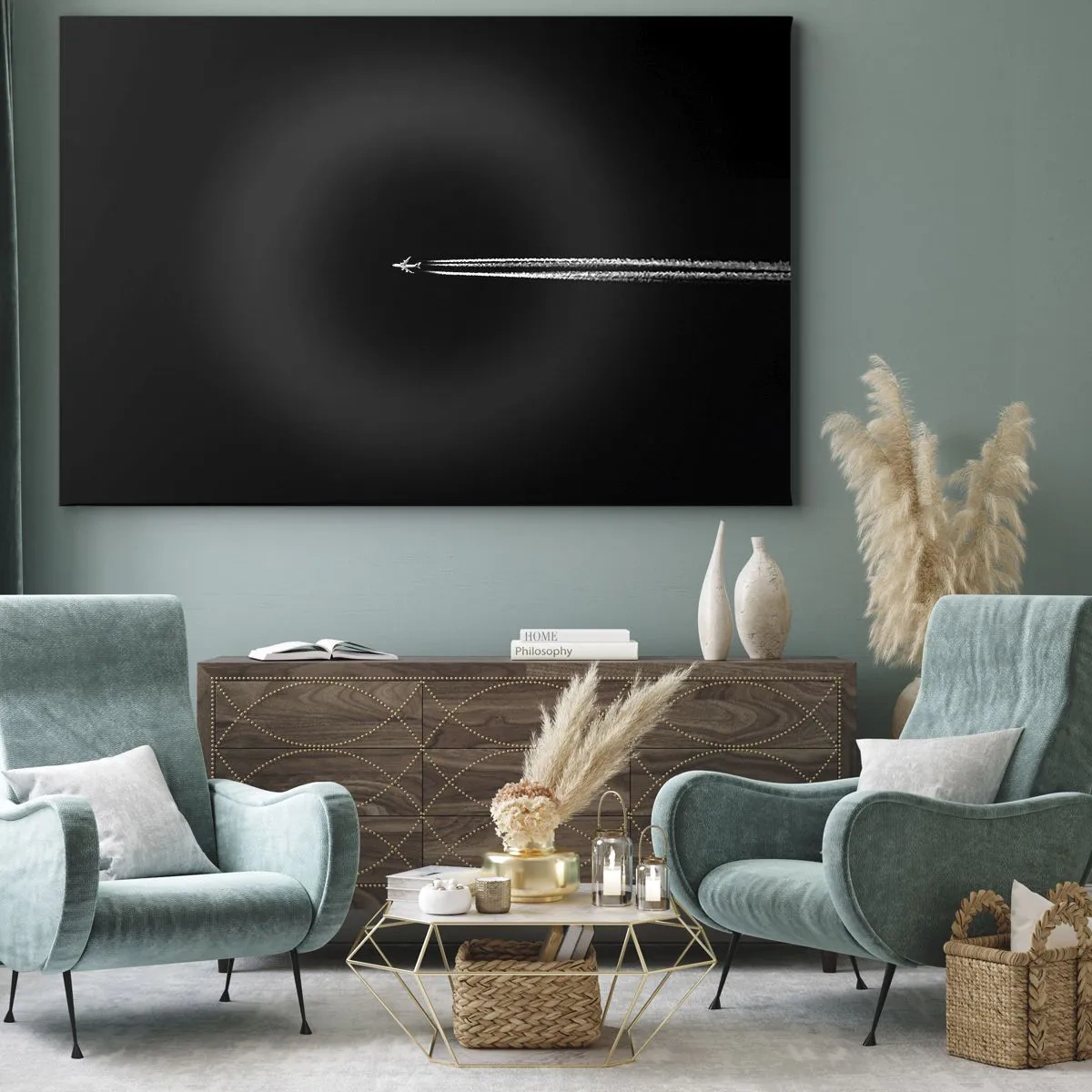 Bild auf Leinwand - Leinwandbild - Ein Düsenflugzeug mit sichtbarem Kondensstreifen auf schwarzem Hintergrund - 70x50cm - In eine andere Dimension - Moderne Wanddekoration für Wohnzimmer und Schlafzimmer ARTTOR