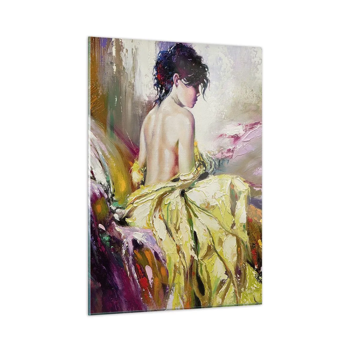 Glasbild - Bild auf glas - Eine Frau in einem gelben Kleid sitzt im impressionistischen Stil auf einem Bett. - 50x70cm - Zwischen den Lippen und dem Rand der Tasse - Moderne Wanddekoration für Wohnzimmer und Schlafzimmer ARTTOR