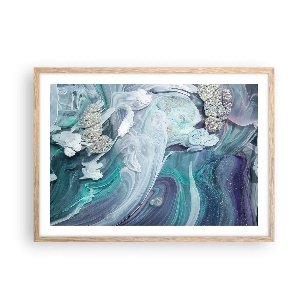 Poster in einem Rahmen aus heller Eiche - Strömungen von Himmelblau - 70x50 cm