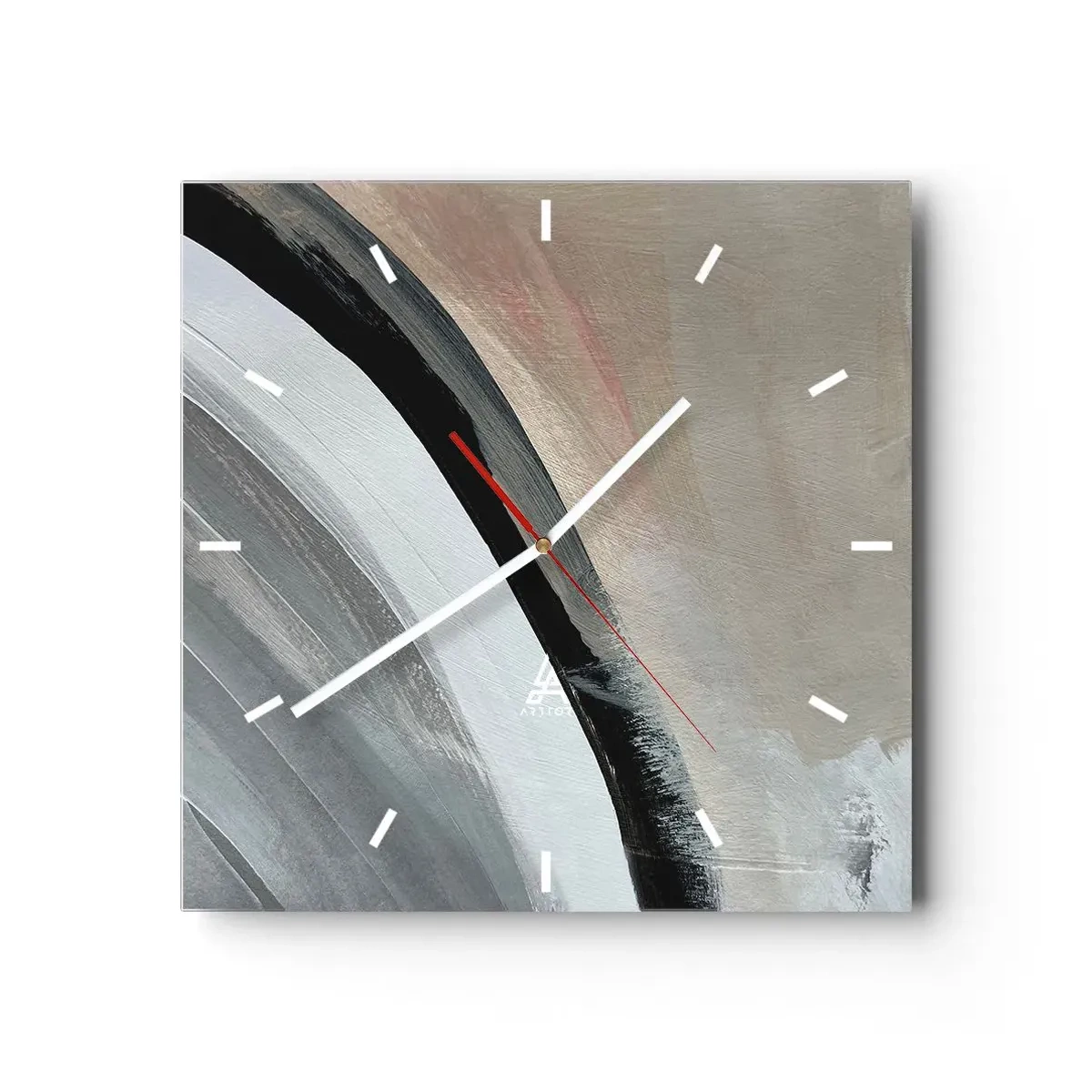 Wanduhr - Glasuhr - Abstrakter Bogen in Schwarz-, Grau- und Beigetönen - 30x30cm - Komposition: Bogen aus Schwarz und Grau - Moderne Wanddekoration für Wohnzimmer und Schlafzimmer ARTTOR