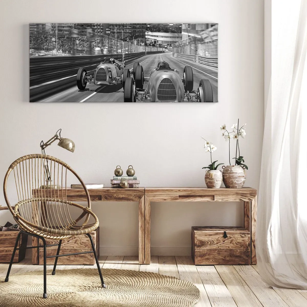 Bild auf Leinwand - Leinwandbild - Monochrome Retro-Autorennen-Szene - 140x50cm - Vor langer Zeit in Monte Carlo - Moderne Wanddekoration für Wohnzimmer und Schlafzimmer ARTTOR