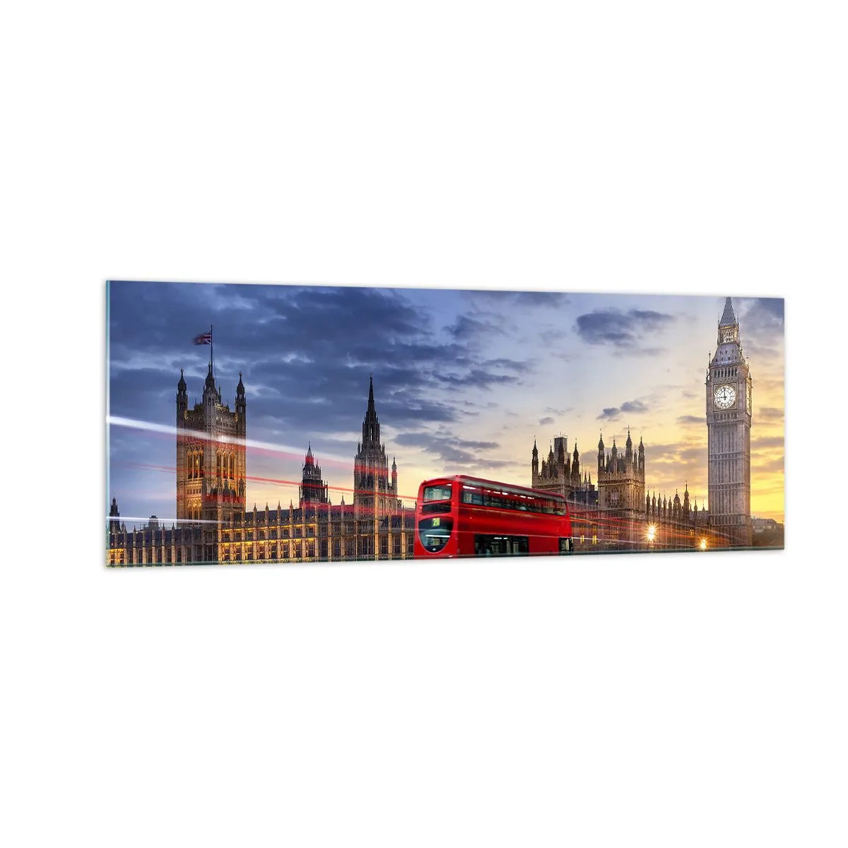 Glasbild - Bild auf glas - Ein roter Bus mit Big Ben und den Houses of Parliament im Hintergrund in der Abenddämmerung. - 140x50cm - Spezielle Charaktere - Moderne Wanddekoration für Wohnzimmer und Schlafzimmer ARTTOR