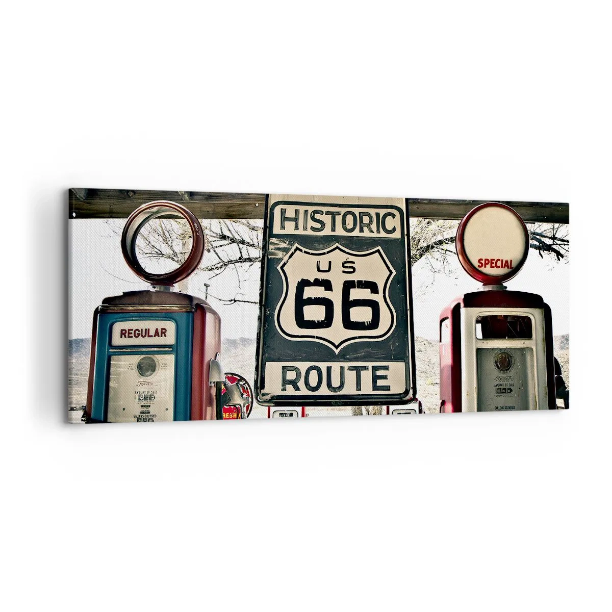 Bild auf Leinwand - Leinwandbild - Historische Tankstelle an der Route 66 - 120x50cm - Amerikanische Retro-Reise - Moderne Wanddekoration für Wohnzimmer und Schlafzimmer ARTTOR