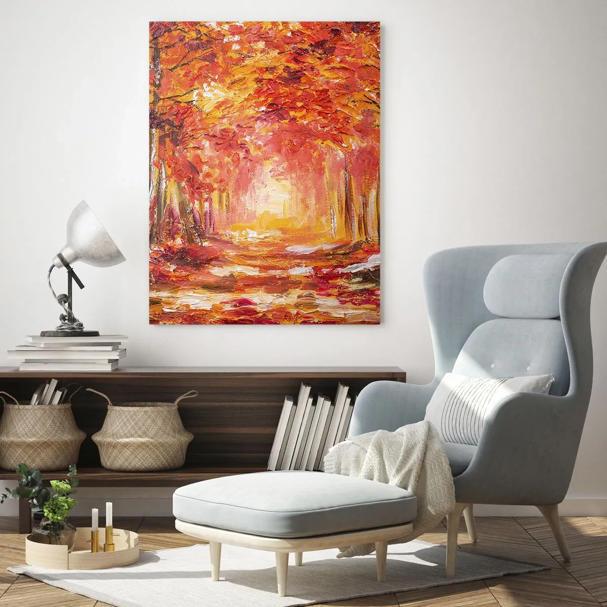 Glasbild - Bild auf glas - Herbstlandschaft mit Bäumen in warmen Farben - 50x70cm - Kupferwald - Moderne Wanddekoration für Wohnzimmer und Schlafzimmer ARTTOR