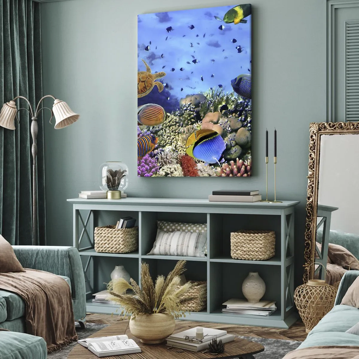 Bild auf Leinwand - Leinwandbild - Korallenriff mit bunten Fischen und einer Meeresschildkröte - 70x100cm - Und was wissen wir über das Leben ... - Moderne Wanddekoration für Wohnzimmer und Schlafzimmer ARTTOR