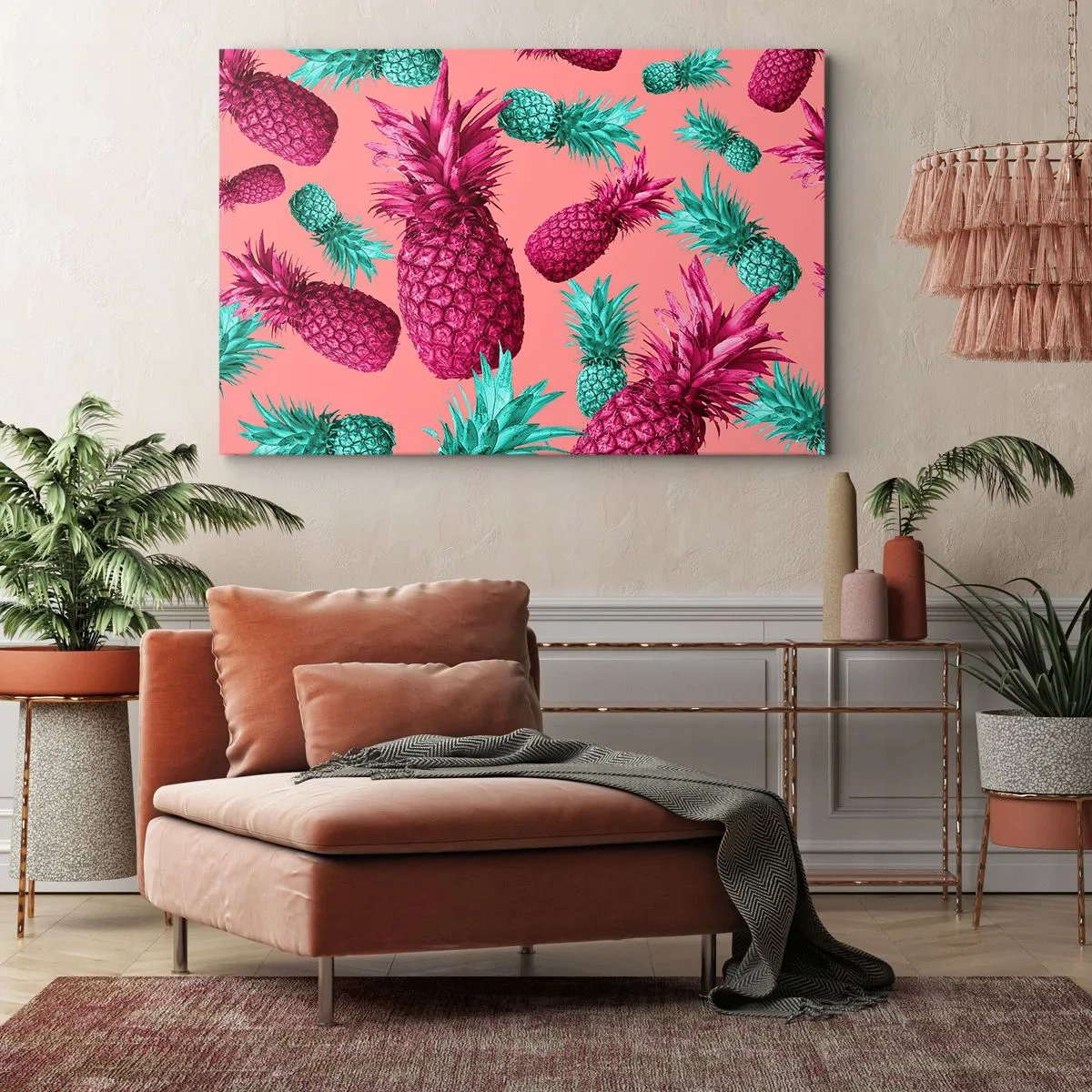 Bild auf Leinwand - Leinwandbild - Exotische Ananas in Pink und Türkis - 100x70cm - Freiheit ist süß - Moderne Wanddekoration für Wohnzimmer und Schlafzimmer ARTTOR