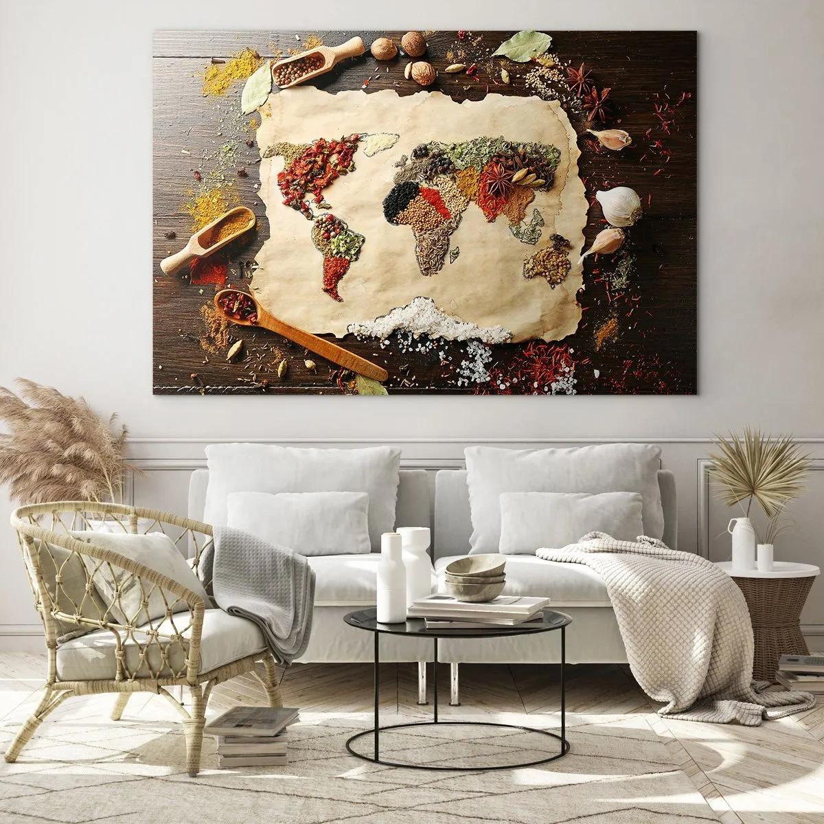 Glasbild - Bild auf glas - Eine Weltkarte aus verschiedenen Gewürzen auf rustikalem Hintergrund. - 70x50cm - Alle Aromen der Welt - Moderne Wanddekoration für Wohnzimmer und Schlafzimmer ARTTOR