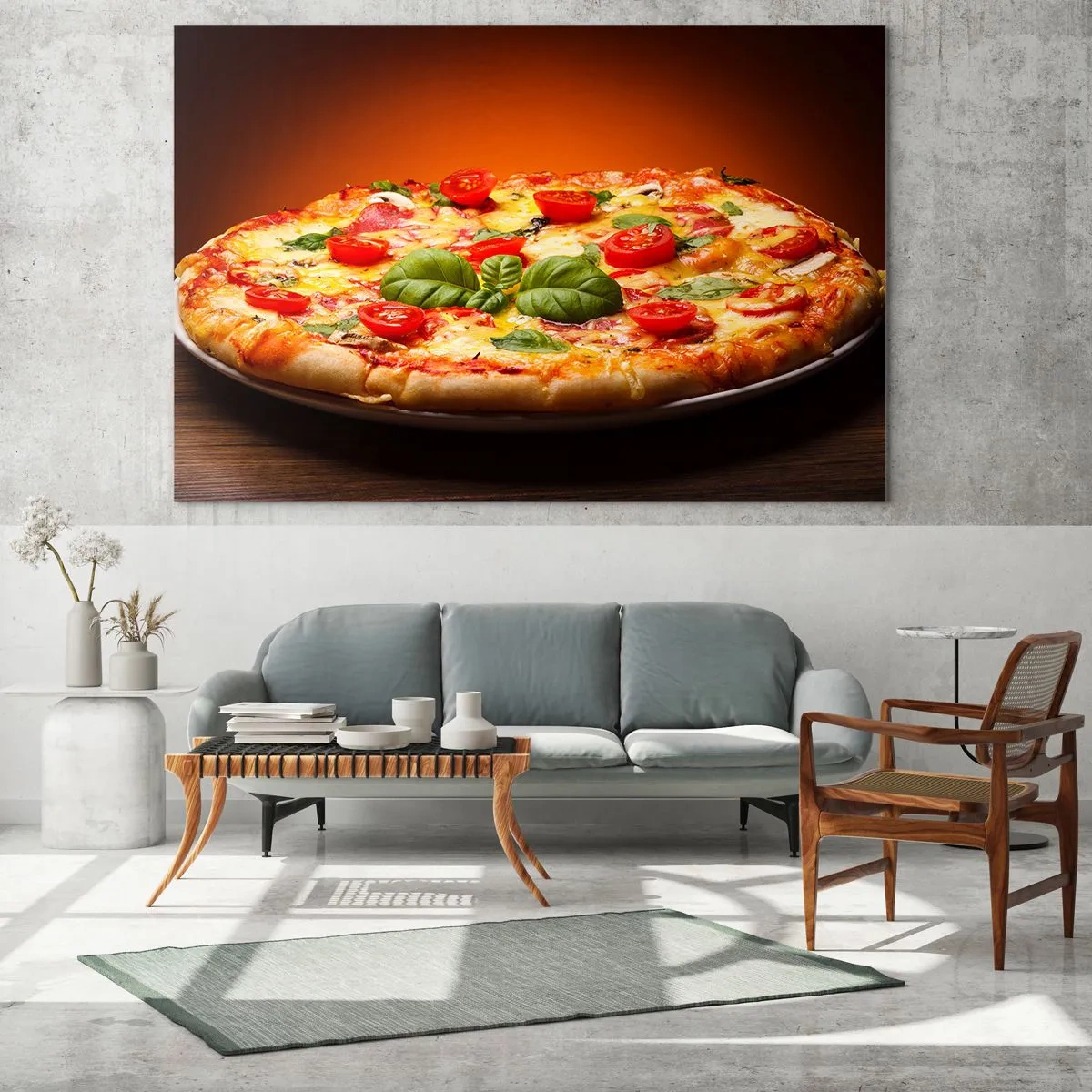 Glasbild - Bild auf glas - Pizza mit Tomaten, Basilikum und geschmolzenem Käse - 120x80cm - Mamma Mia! - Moderne Wanddekoration für Wohnzimmer und Schlafzimmer ARTTOR