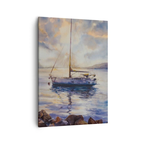 Bild auf Leinwand - Leinwandbild - Eine Yacht auf ruhigem Meer bei Sonnenuntergang - 50x70cm - Abend in der Bucht - Moderne Wanddekoration für Wohnzimmer und Schlafzimmer ARTTOR