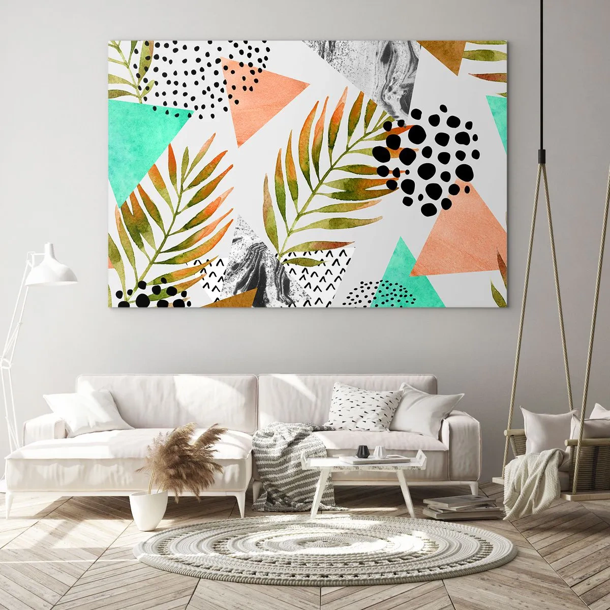 Glasbild - Bild auf glas - Geometrische Formen und Blätter in Pastellfarben - 70x50cm - Dekoration mit Palmblatt - Moderne Wanddekoration für Wohnzimmer und Schlafzimmer ARTTOR