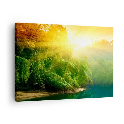 Bild auf Leinwand - Leinwandbild - Ein grüner Wald am Fluss, beleuchtet von den Strahlen der aufgehenden Sonne - 70x50cm - In Sonne und Schatten ertrinken - Moderne Wanddekoration für Wohnzimmer und Schlafzimmer ARTTOR