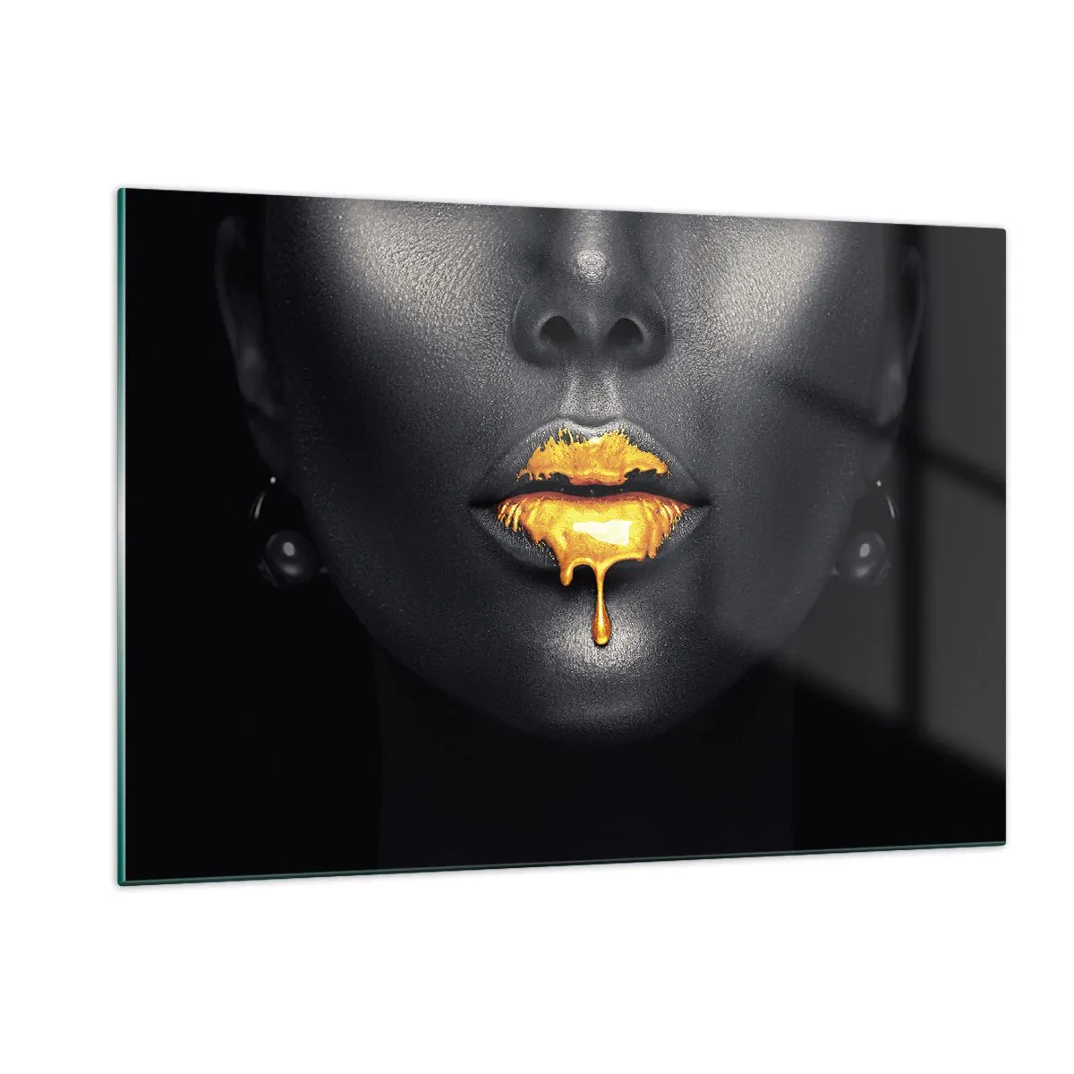 Glasbild - Bild auf glas - Schwarz-goldenes Porträt einer Frau mit glänzenden Lippen - 120x80cm - Goldmaul - Moderne Wanddekoration für Wohnzimmer und Schlafzimmer ARTTOR
