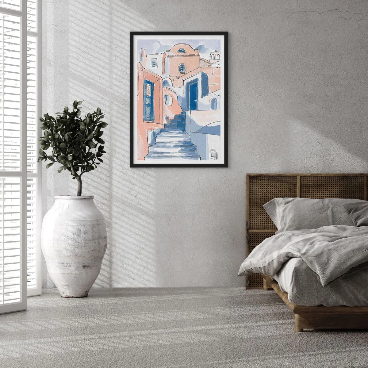 Poster in einem schwarzem Rahmen - Eine malerische Straße im mediterranen Stil in Blautönen - 50x70cm - Exotische Stadt - Moderne Wanddekoration für Wohnzimmer und Schlafzimmer ARTTOR