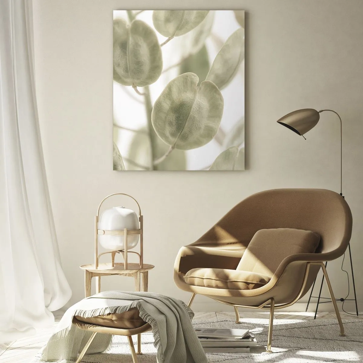 Glasbild - Bild auf glas - Ein zartes Gemälde von Blättern in pastellfarbenen Grüntönen auf hellem Hintergrund. - 70x100cm - Am Anfang waren Blätter... - Moderne Wanddekoration für Wohnzimmer und Schlafzimmer ARTTOR