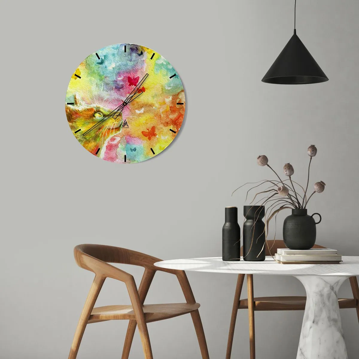 Wanduhr - Glasuhr - Eine Katze umgeben von bunten Schmetterlingen - 30x30cm - Baju-baju im Katzenparadies - Moderne Wanddekoration für Wohnzimmer, Küche und Schlafzimmer ARTTOR
