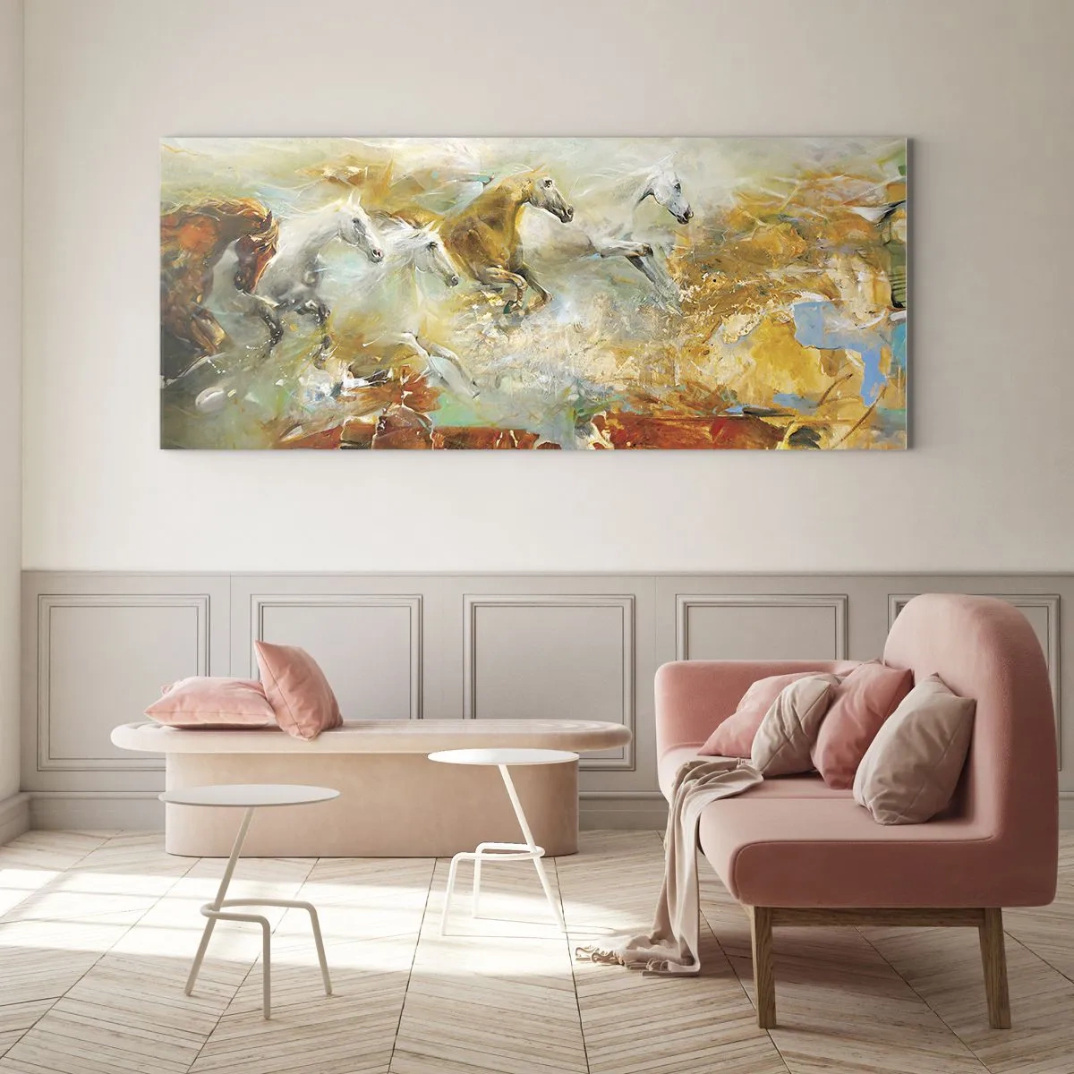 Glasbild - Bild auf glas - Künstlerische Pferde in einer dynamischen, farbenfrohen Umgebung - 140x50cm - Im Galopp durch das Licht - Moderne Wanddekoration für Wohnzimmer und Schlafzimmer ARTTOR