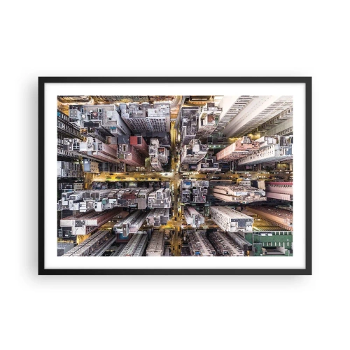 Poster in einem schwarzem Rahmen - Eine Stadt voller Wolkenkratzer aus der Vogelperspektive - 70x50cm - Grüße aus Hongkong - Moderne Wanddekoration für Wohnzimmer und Schlafzimmer ARTTOR