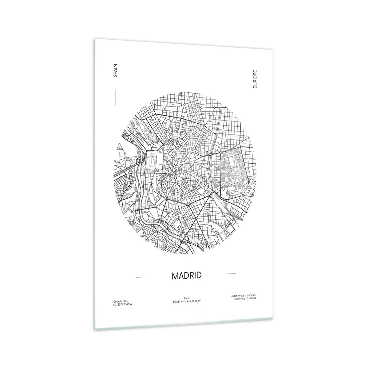 Glasbild - Bild auf glas - Karte von Madrid im minimalistischen Schwarz-Weiß-Stil - 70x100cm - Anatomie von Madrid - Moderne Wanddekoration für Wohnzimmer und Schlafzimmer ARTTOR