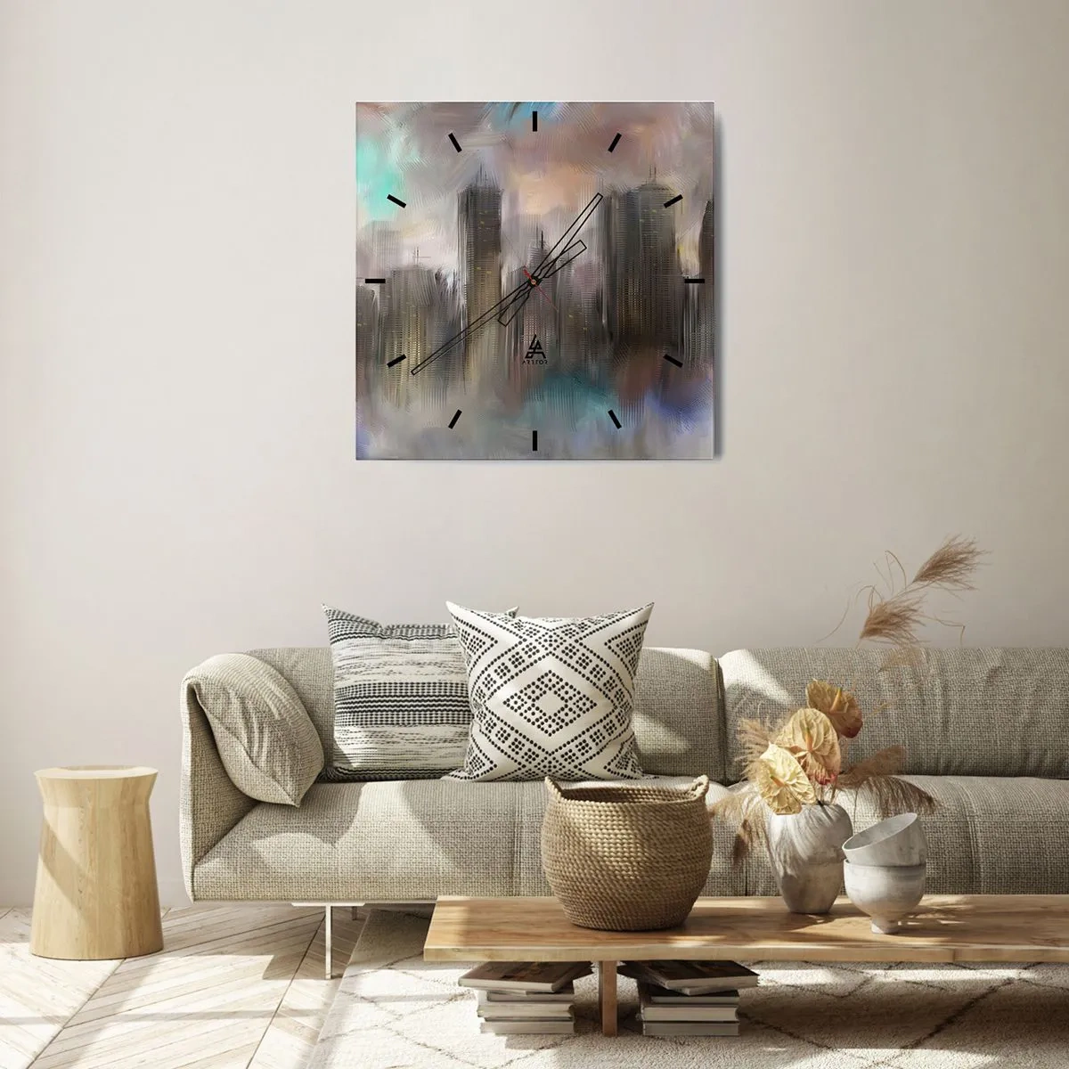 Wanduhr - Glasuhr - Eine künstlerische Vision einer Stadtlandschaft mit Wolkenkratzern in Pastellfarben. - 30x30cm - Eine Komposition aus Stahl, Stein und Nebel - Moderne Wanddekoration für Wohnzimmer und Schlafzimmer ARTTOR