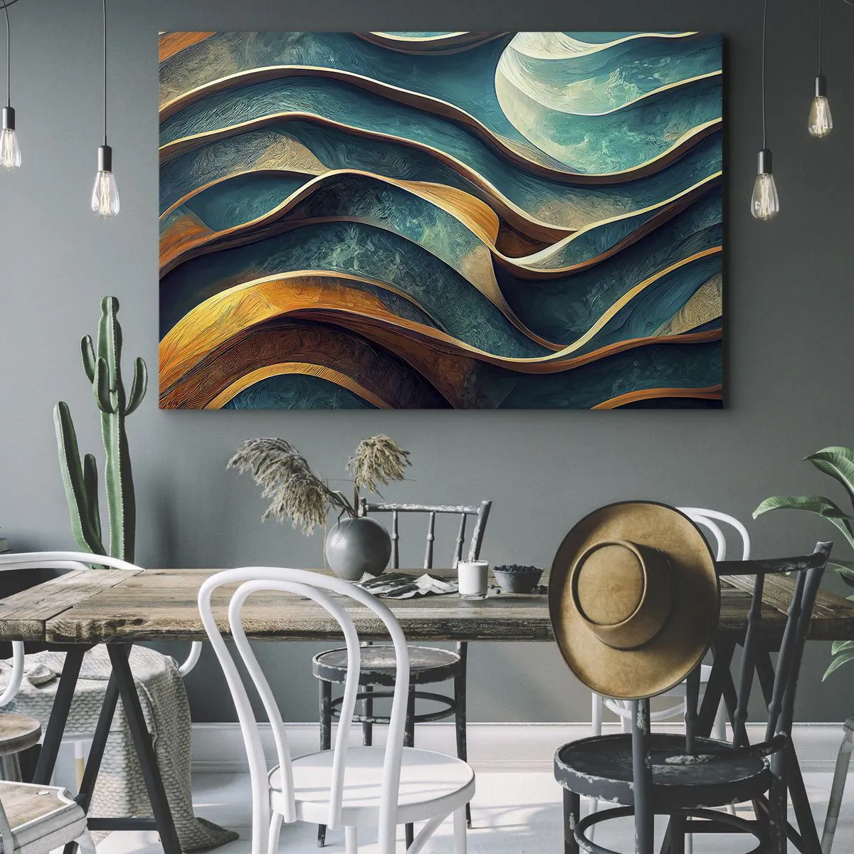 Bild auf Leinwand - Leinwandbild - Abstrakte Wellen in Türkis- und Goldtönen - 100x70cm - Blaue Mäander - Moderne Wanddekoration für Wohnzimmer und Schlafzimmer ARTTOR