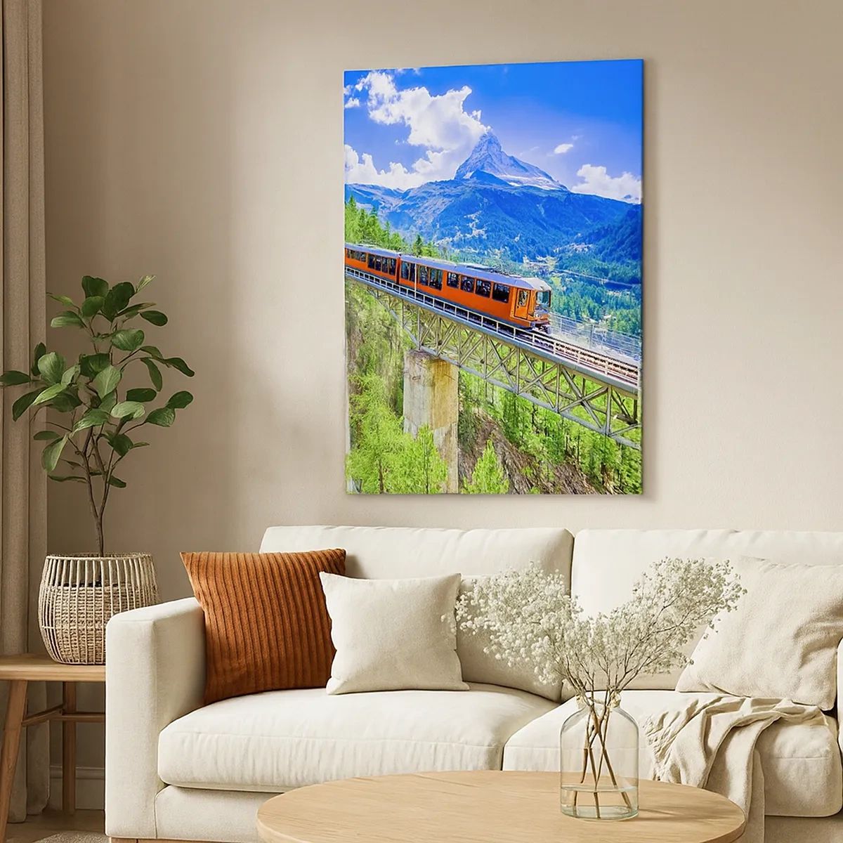 Bild auf Leinwand - Leinwandbild - Eine Achterbahn auf einer Brücke mit Blick auf einen Wasserfall und Berge - 50x70cm - Jetzt sind Alpen dran - Moderne Wanddekoration für Wohnzimmer und Schlafzimmer ARTTOR
