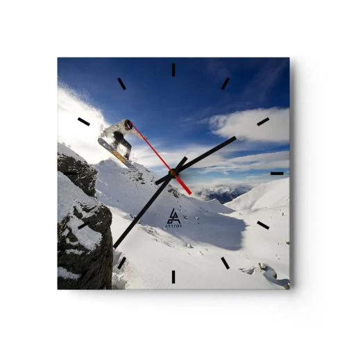 Wanduhr - Glasuhr - Ein Snowboarder springt von einer Klippe mit schneebedeckten Bergen im Hintergrund. - 30x30cm - Freiheit ohne Grenzen - Moderne Wanddekoration für Wohnzimmer und Schlafzimmer ARTTOR