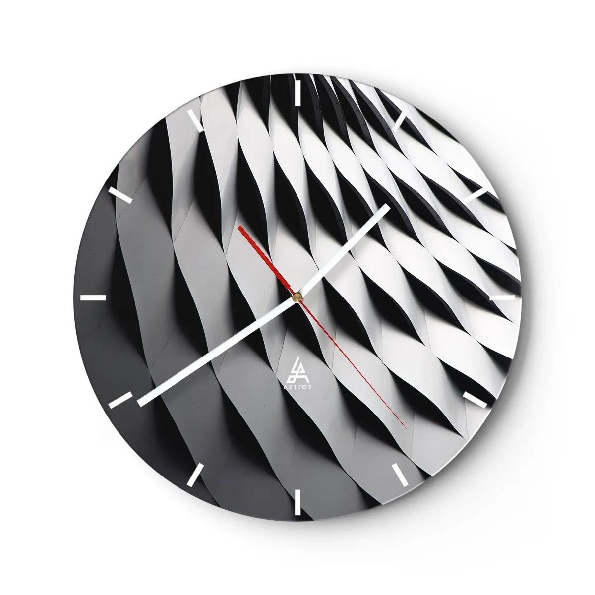 Wanduhr - Glasuhr - Schwarz-weißes wellenförmiges architektonisches Strukturmuster - 30x30cm - Auf der Oberfläche der Wellen - Moderne Wanddekoration für Wohnzimmer, Küche und Schlafzimmer ARTTOR