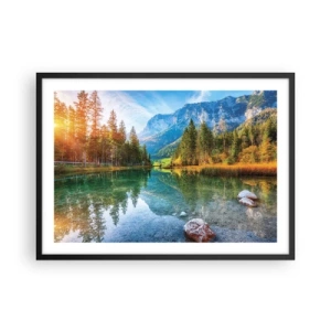 Poster in einem schwarzem Rahmen - Ein malerischer See, umgeben von Bergen und Wäldern - 70x50cm - Die Sanftheit des Herbstes - Moderne Wanddekoration für Wohnzimmer und Schlafzimmer ARTTOR